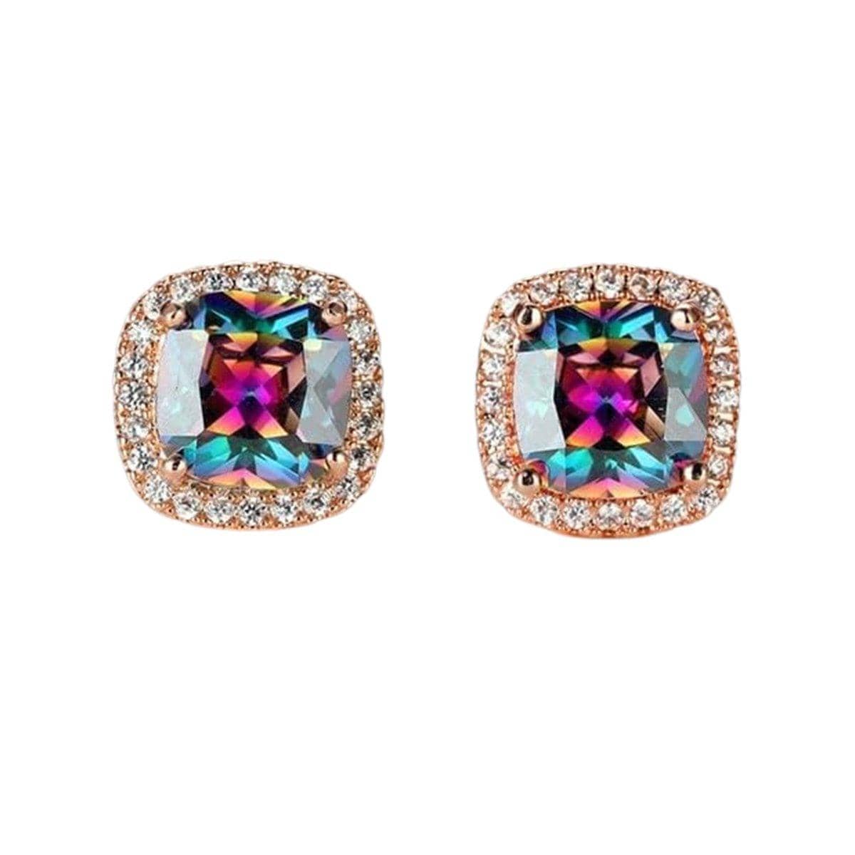 Zirconia Halo Stud Earrings for Women - Rose Gold, Rainbow Stone