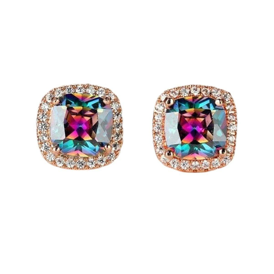 Zirconia Halo Stud Earrings for Women - Rose Gold, Rainbow Stone